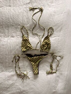 acacia swimwear Brown and Lime Green Geometric Bikini Set